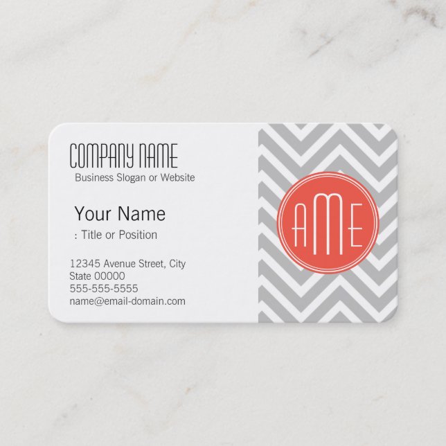 Gray Chevron and Coral Custom Monogram Business Card (Front)