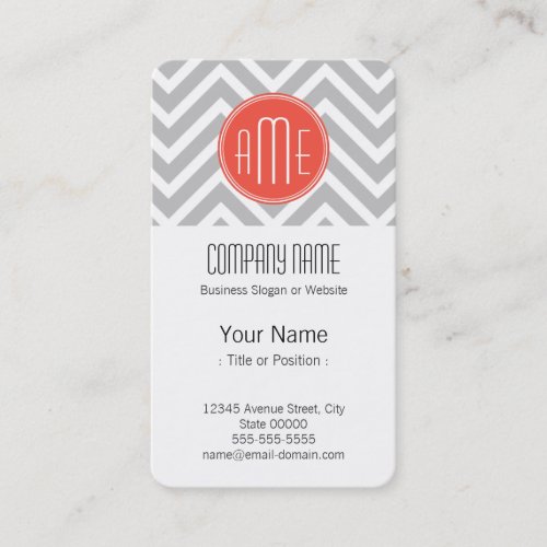 Gray Chevron and Coral Custom Monogram Business Card