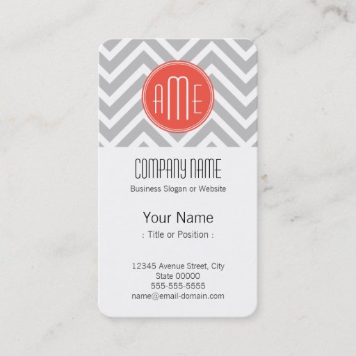 Customizable Gray Chevron and Coral Custom Monogram Business Card