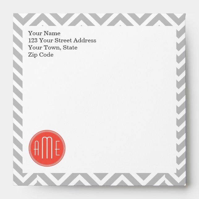 Gray Chevron and Coral Custom Monogram Envelope (Front)