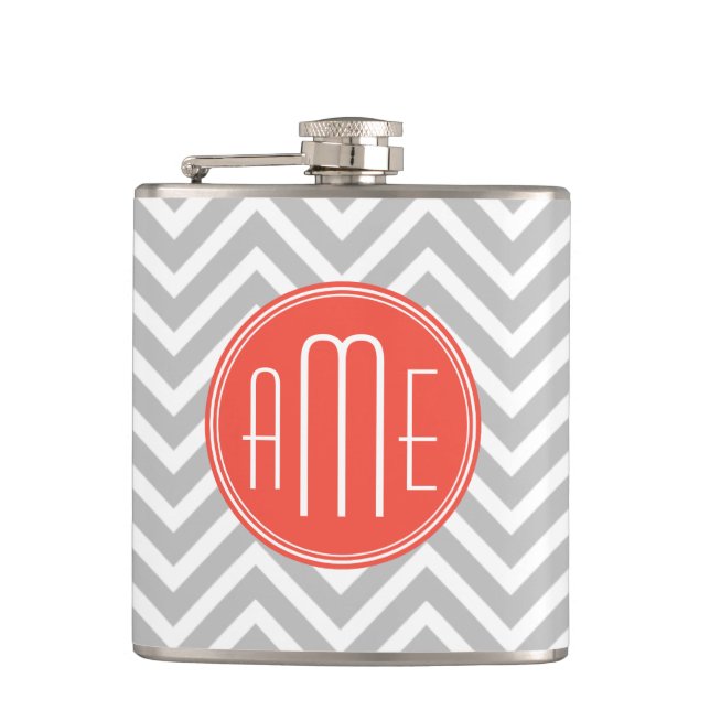 Gray Chevron and Coral Custom Monogram Hip Flask (Front)