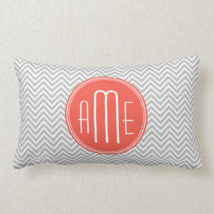 Gray Chevron and Coral Custom Monogram Lumbar Pillow