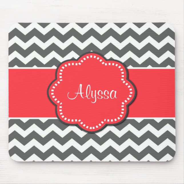 Gray Chevron and Coral Personalized Mousepad (Front)