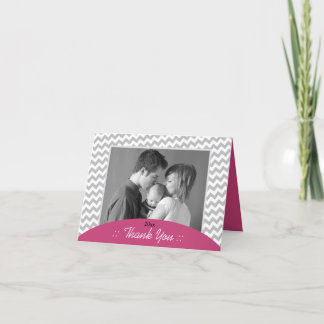Gray Chevron and Fuchsia Photo Thank You Cards