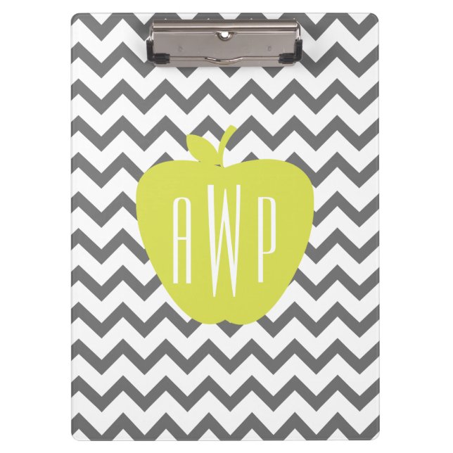Gray Chevron And Neon Apple Monogram Teacher Clipboard (Front)