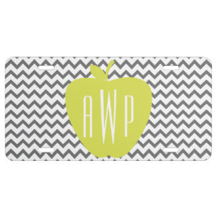 Gray Chevron And Neon Apple Monogram Teacher License Plate