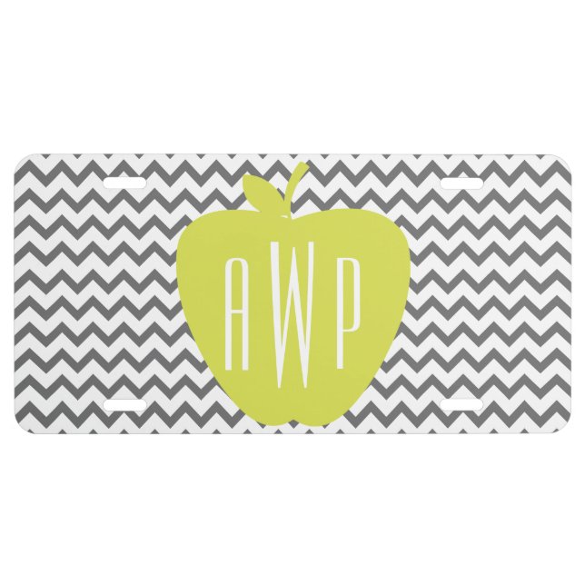 Gray Chevron And Neon Apple Monogram Teacher License Plate (Front)