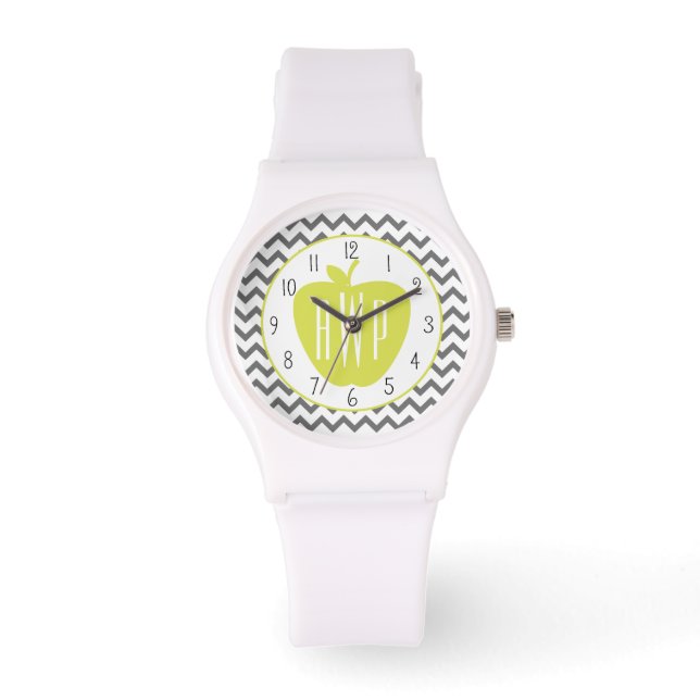 Gray Chevron And Neon Apple Monogram Teacher Watch (Front)