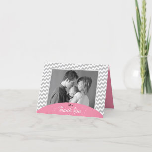 Gray Chevron and Pink Photo Thank You Cards