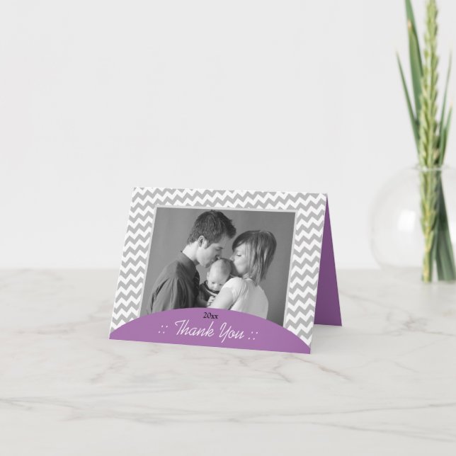 Gray Chevron and Purple Photo Thank You Cards (Front)