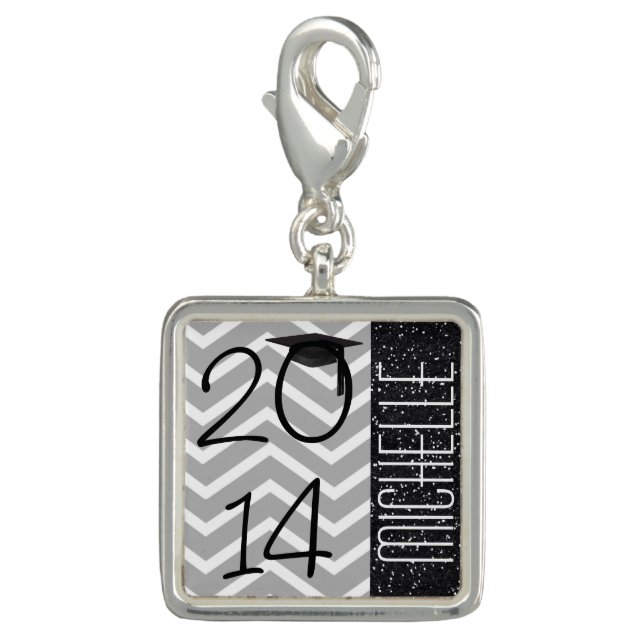 Gray Chevron Black Faux Glitter Name Graduation Charm (Front)