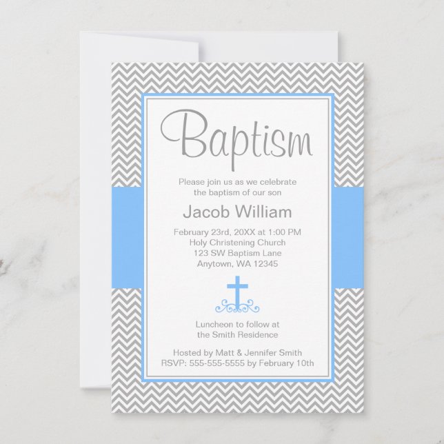 Gray Chevron Blue Cross Boy Baptism Christening Invitation (Front)