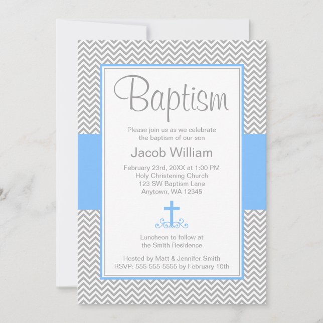 Gray Chevron Blue Cross Boy Baptism Christening Invitation (Front)