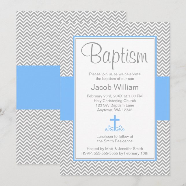 Gray Chevron Blue Cross Boy Baptism Christening Invitation (Front/Back)