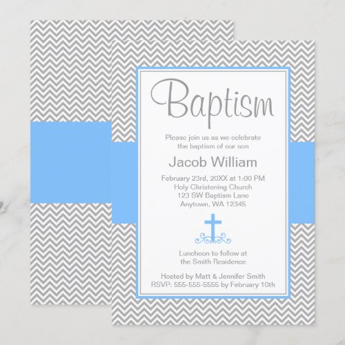 Gray Chevron Blue Cross Boy Baptism Christening Invite