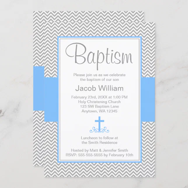 Gray Chevron Blue Cross Boy Baptism Christening Invitation | Zazzle