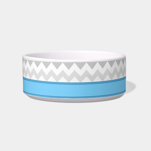 Gray Chevron Blue personalized Cat Bowl (Right)