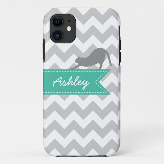 Gray Chevron Cat Turquoise Ribbon Custom Monogram Case-Mate iPhone Case (Back)