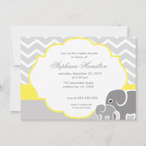 Gray  chevron elephants lemon neutral baby shower personalized announcements