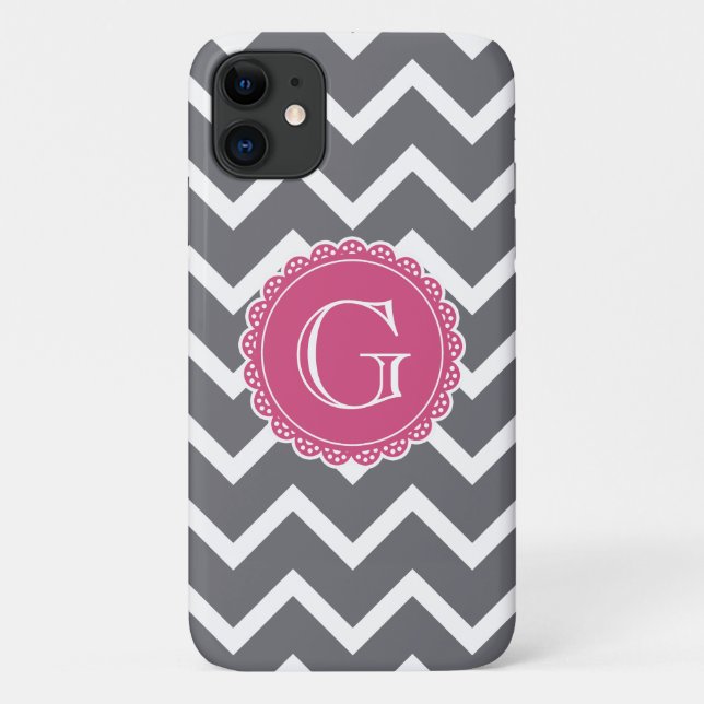 Gray Chevron Floral Pink Monogram Template Case-Mate iPhone Case (Back)