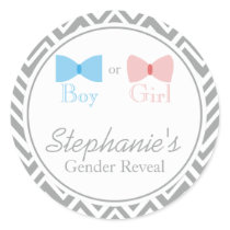Gray Chevron Gender Reveal Bow and Bow Tie Classic Round Sticker