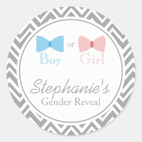 Gray Chevron Gender Reveal Bow and Bow Tie Classic Round Sticker