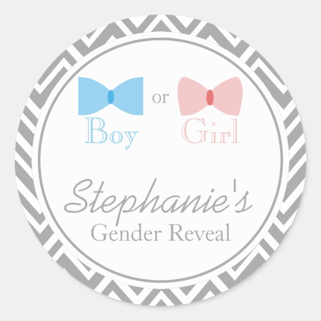 Gray Chevron Gender Reveal Bow and Bow Tie Classic Round Sticker (Front)