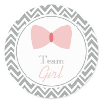Gray Chevron Gender Reveal Bow Team Girl Classic Round Sticker