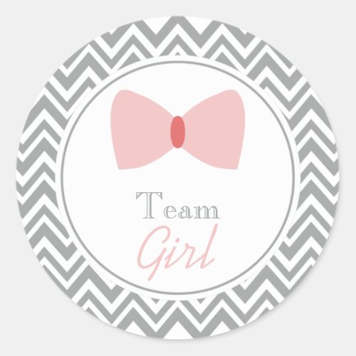 Gray Chevron Gender Reveal Bow Team Girl Classic Round Sticker