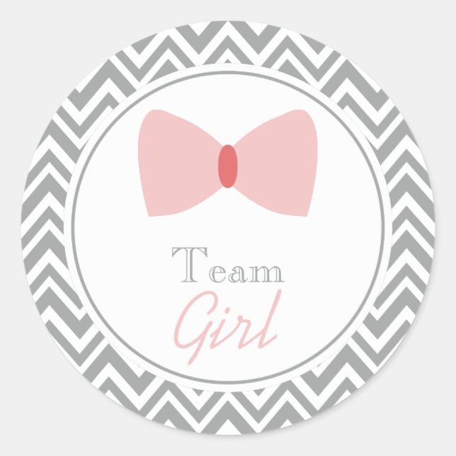 Gray Chevron Gender Reveal Bow Team Girl Classic Round Sticker (Front)
