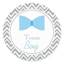 Gray Chevron Gender Reveal Bow Tie Team Boy Classic Round Sticker