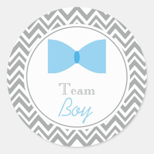 Gray Chevron Gender Reveal Bow Tie Team Boy Classic Round Sticker