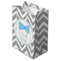 Gray Chevron Gender Reveal Bow Tie Team Boy Medium Gift Bag