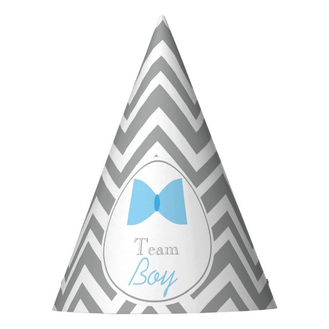 Gray Chevron Gender Reveal Bow Tie Team Boy Party Hat (Front)