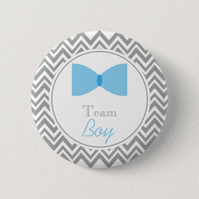 Gray Chevron Gender Reveal Bow Tie Team Boy Pinback Button (Front)