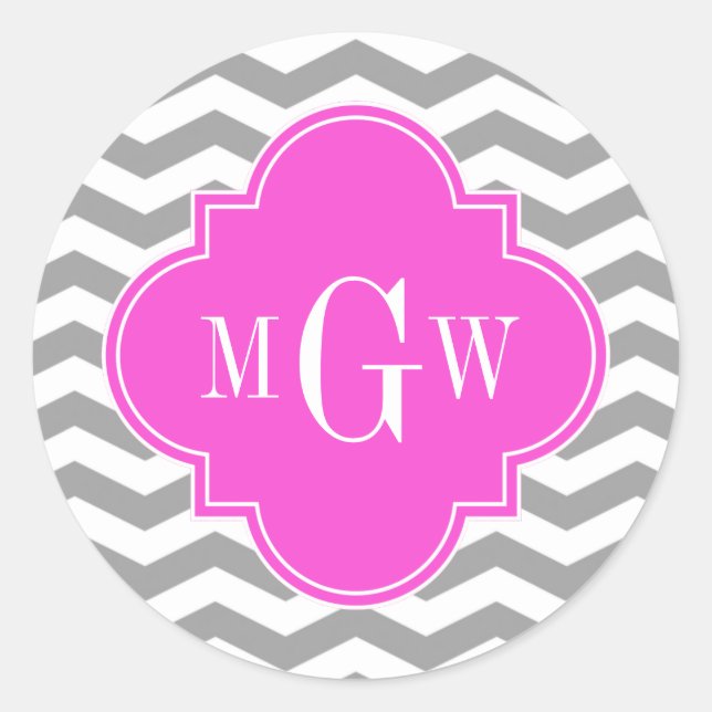 Gray Chevron Hot Pink Quatrefoil 3 Monogram Tn Classic Round Sticker (Front)
