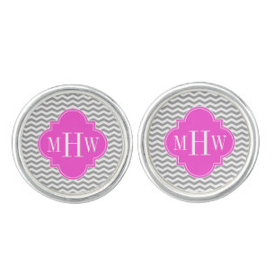 Gray Chevron Hot Pink Quatrefoil 3 Monogram Tn Cufflinks
