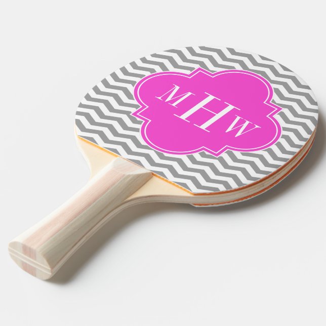 Gray Chevron Hot Pink Quatrefoil 3 Monogram Tn Ping Pong Paddle (Front Angle)