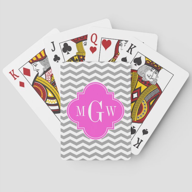 Gray Chevron Hot Pink Quatrefoil 3 Monogram Tn Poker Cards (Back)