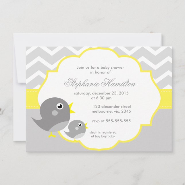 Gray chevron lemon neutral baby shower invitation (Front)