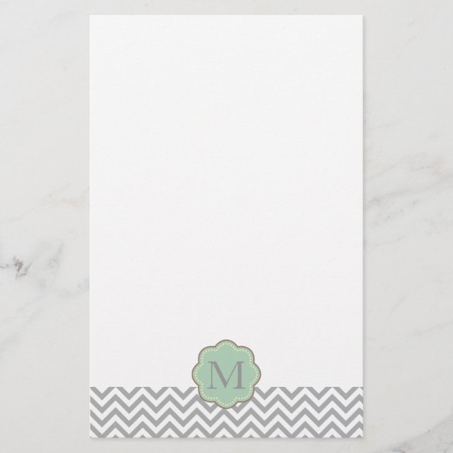Gray Chevron Mint Monogram Stationery (Front)