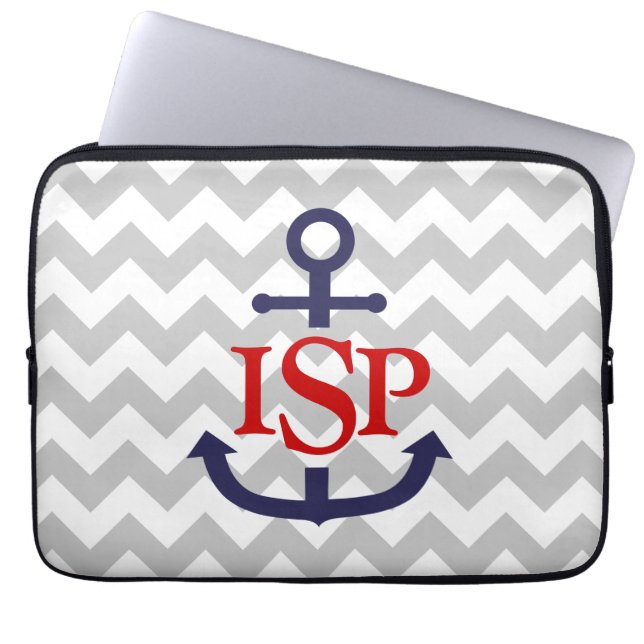 Gray Chevron Monogram Anchor Laptop Sleeve (Front)