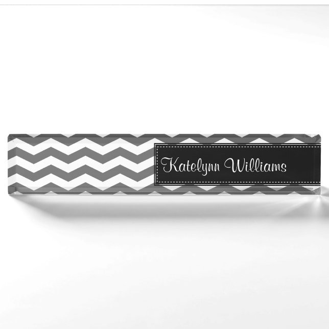 Gray Chevron Monogram Desk Name Plate (Front)