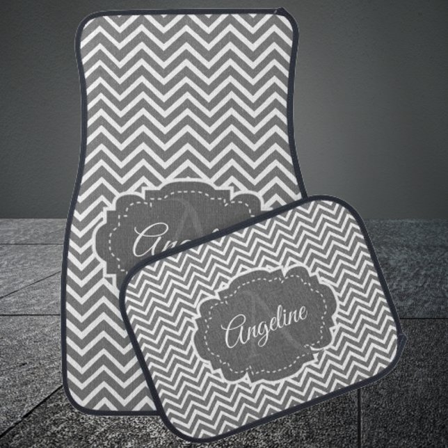 Gray Chevron Monogram Personalized Car Floor Mat (Gray Chevron Personalized Car Mats)