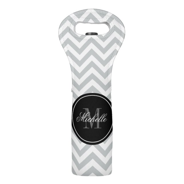 Gray chevron monogram wedding favor wine tote bag (Front)