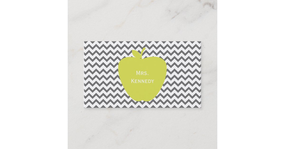 Gray Chevron Neon Apple Teacher Business Card | Zazzle