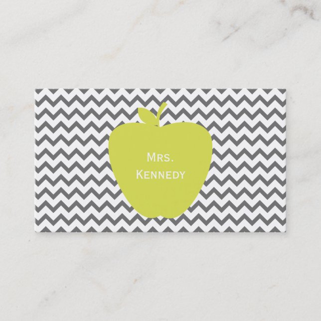 Gray Chevron Neon Apple Teacher Business Card (Front)