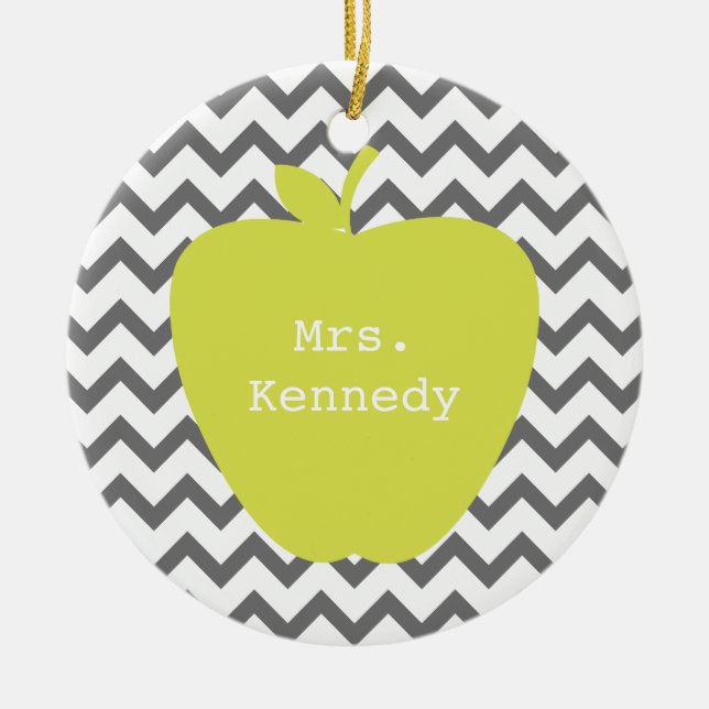 Gray Chevron Neon Apple Teacher Ceramic Ornament (Front)