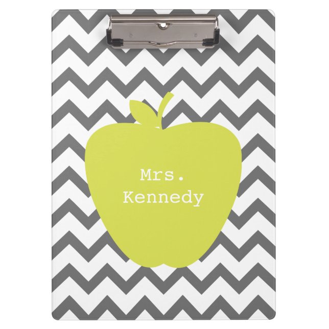 Gray Chevron Neon Apple Teacher Clipboard (Front)