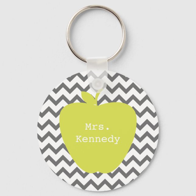 Gray Chevron Neon Apple Teacher Keychain (Front)